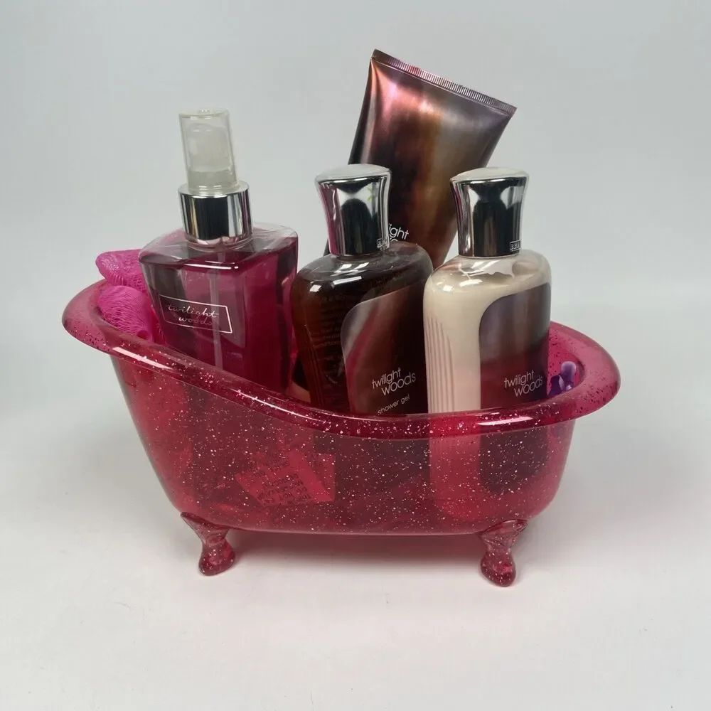 Bath & Body Works Twilight Woods 4-Pc Bodycare Gift Set With Pink Bathtub Holder